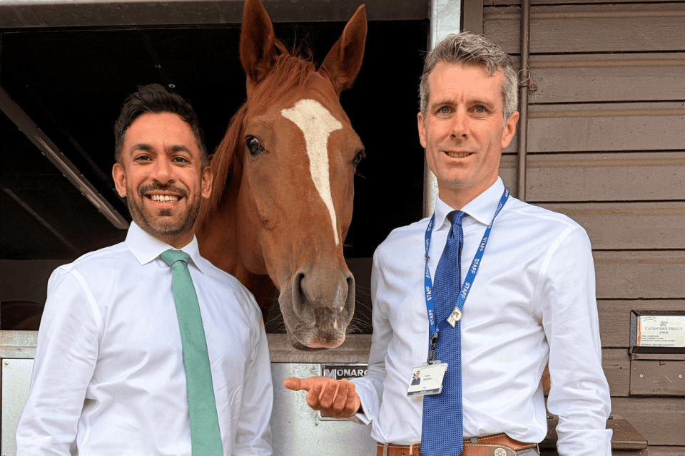 Imran Hussain (left) from Weatherbys Racing Bank with British Racing School CEO, Andrew Braithwaite (right)